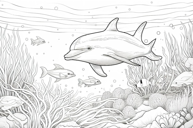 Foto delfini e pesci tropicali in stile fumetto