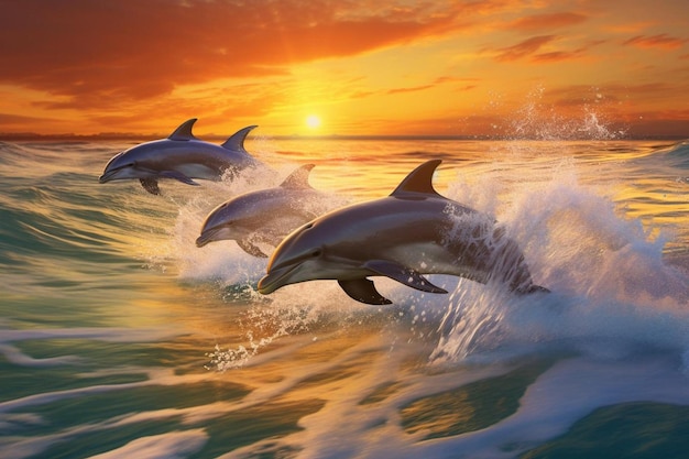 Photo dolphins in the water with sunset in the background