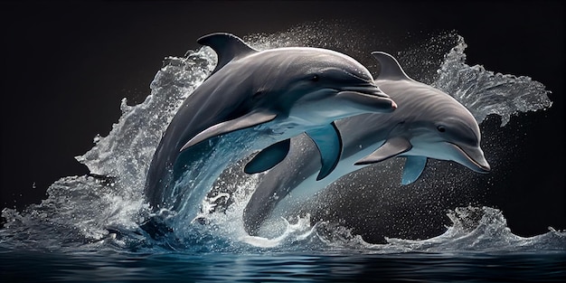 Dolphins in the water with water splashing