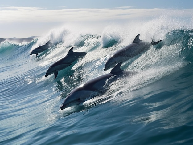 Dolphins on a wave in the ocean