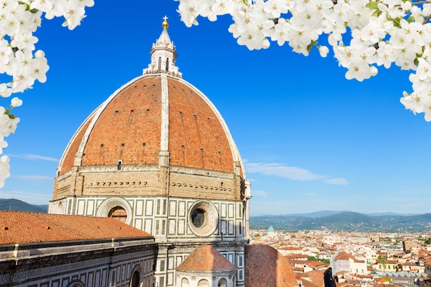 Dome of cathedral church Santa Maria del Fiore close up at spring, Florence, Italy