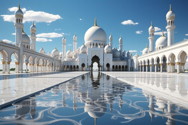 밝은 하늘을 가진  전면 뷰 이슬람 예술과 건축 현대 모스크 밝은 날