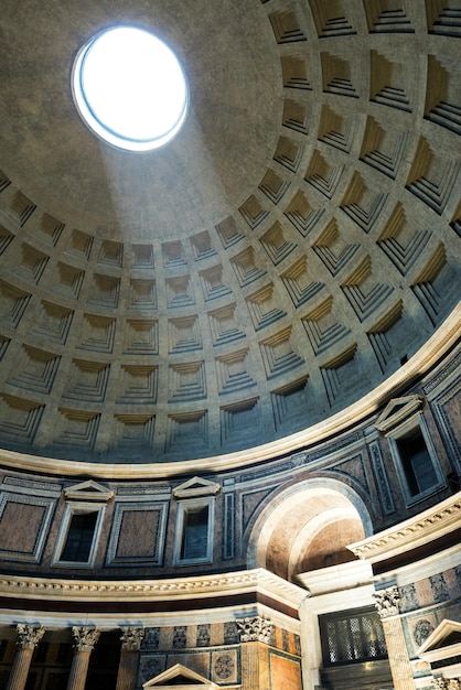 Dome inside Pantheon Rome Italy Famous oculus and light ray