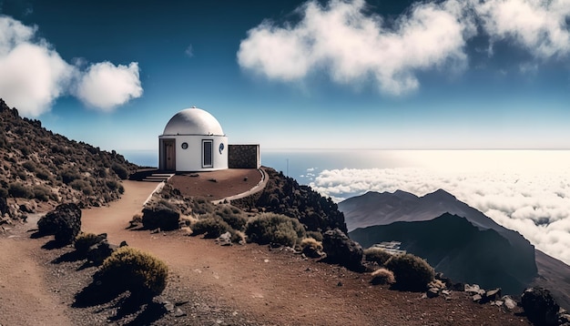 A dome on a mountain with clouds in the background