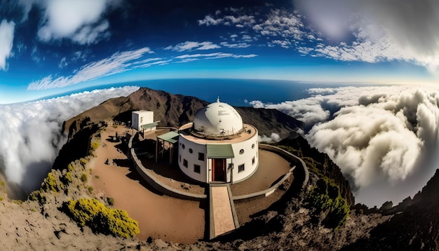 A dome on a mountain with clouds in the background