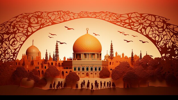 Dome of the rock mosque in jerusalem in paper cut style