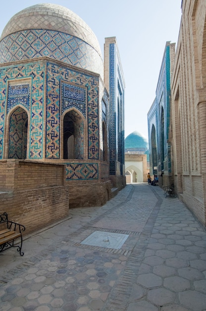 Domes and towers of Registan in Samarkand. Ancient architecture of Central Asia