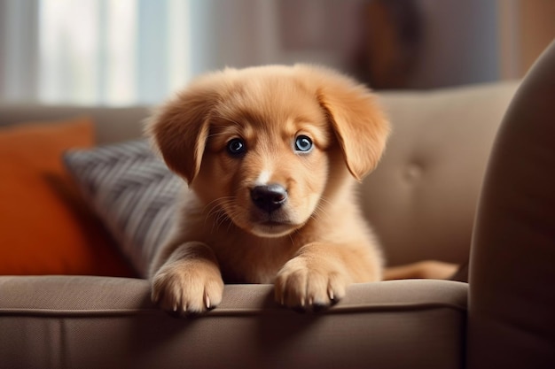 Domestic Animal Concept Portrait of cute puppy in living room at home free copy space