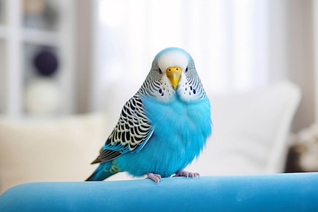 Domestic blue budgie exotic parrot in home setting