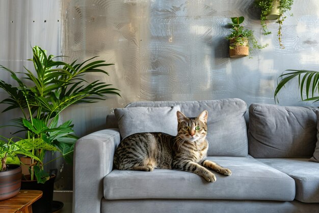 Домашняя кошка в уютной современной квартире гостиной интерьер винтажного стиля