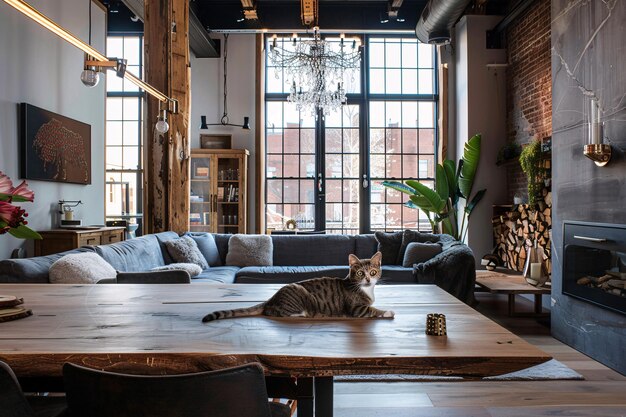 Domestic cat at cozy contemporary apartment living room interior vintage style