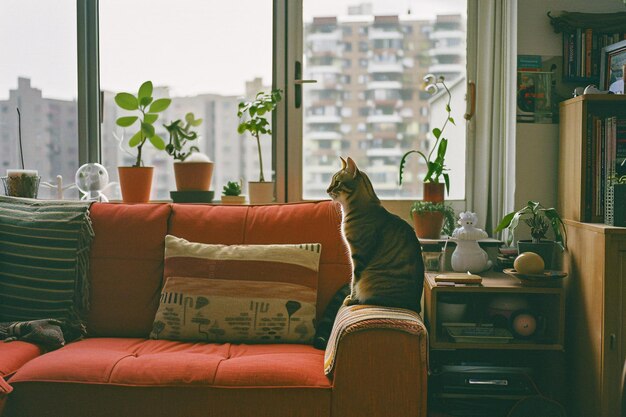 Photo domestic cat at cozy contemporary apartment living room interior vintage style