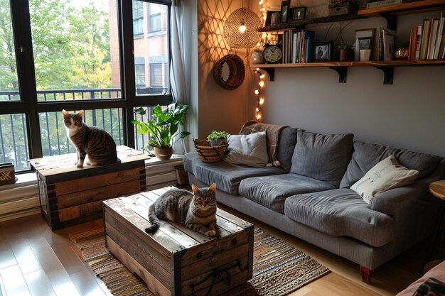 Domestic cat at cozy contemporary apartment living room interior vintage style