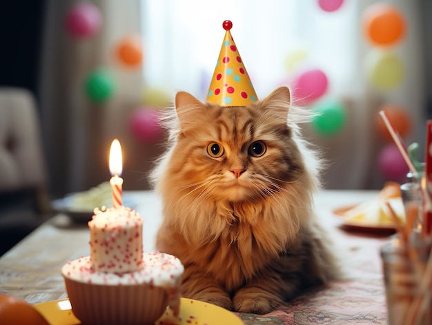 Домашняя кошка в шляпе празднует день рождения Уход за животными