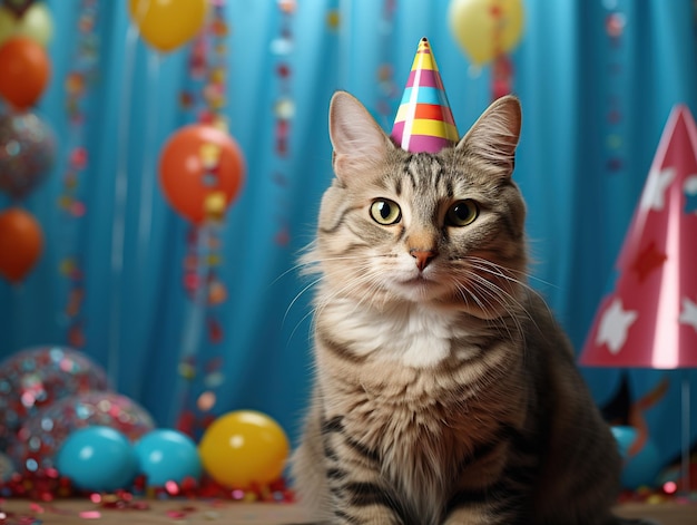 모자 를 입은 집 고양이 가 생일을 축하 한다