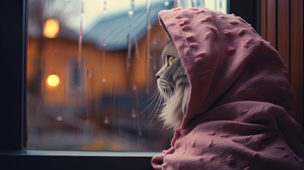 A domestic cat looks out the window at the rain in a warm knitted blanket Generative AI