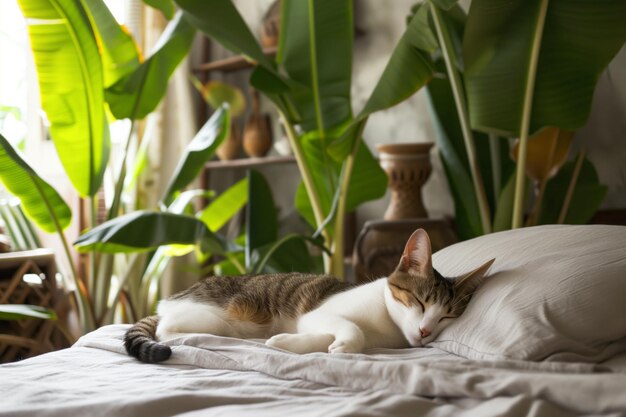 Foto gatto domestico che dorme sul letto grigio nell'interno della camera da letto in stile moderno di bali