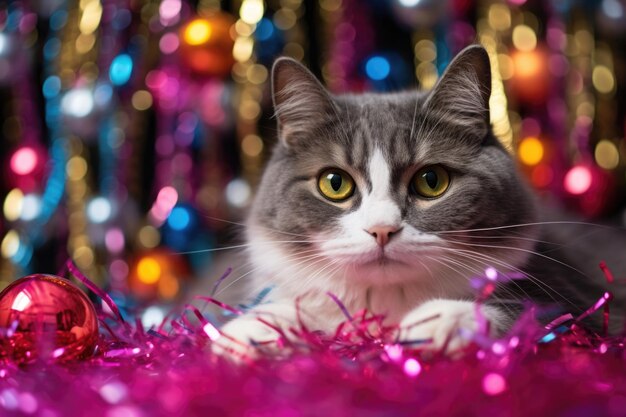 Foto gatto domestico che gioca con decorazioni colorate e palline glitterate