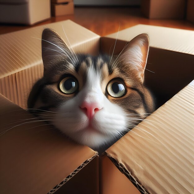 a domestic cat poking his head out of a cardboard box