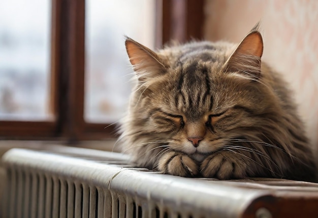 Domestic cat resting on a hot radiator under the window
