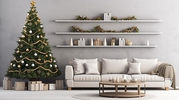 Domestic and cozy christmas living room interior with corduroy sofa white shelf