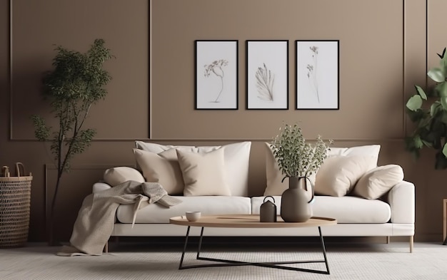Домашний и уютный интерьер гостиной с бежевым диваном AI Generative AI