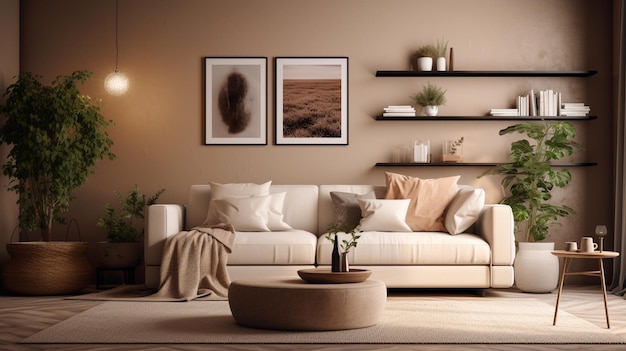 Domestic and cozy interior of living room with beige sofa plants shelf coffee table boucle rug mock up poster frame side table plant and elegant decoration Beige wall Generative AI