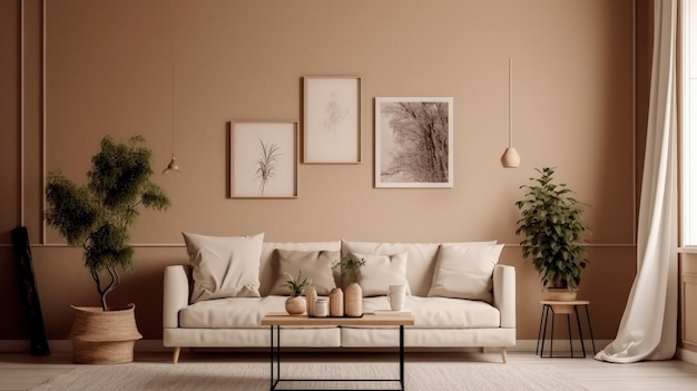 Domestic and cozy interior of living room with beige sofa plants shelf coffee table boucle rug mock up poster frame side table plant and elegant decoration Beige wall Generative AI