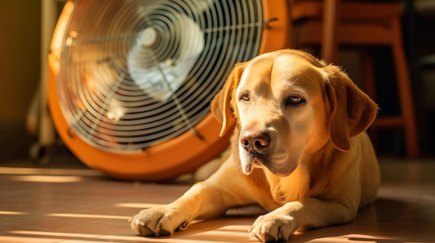 Domestic dog seeks relief from hot summer heat with fan