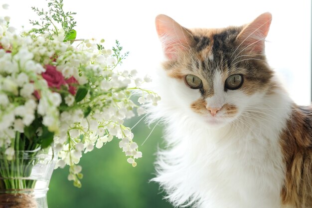 Photo domestic fluffy cat and bouquet of spring flowers lilies of the valley in vase on window
