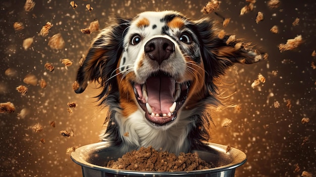 Домашняя жизнь с домашним животным Кормление голодной собаки Хозяин дает своей собаке миску с гранулами