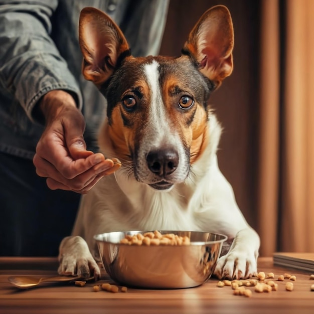 애완동물 과 함께 생활 하는 것 배고픈 래브라도르 리트리버 를 먹이는 것 주인 은 개 에게 그라 한 그 을 준다