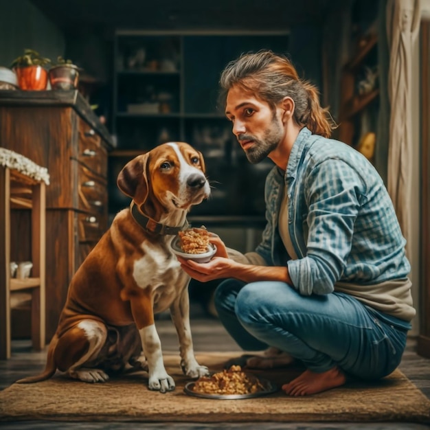 Домашняя жизнь с домашним животным Кормление голодного лабрадора Ретривера Хозяин дает своей собаке миску гранул