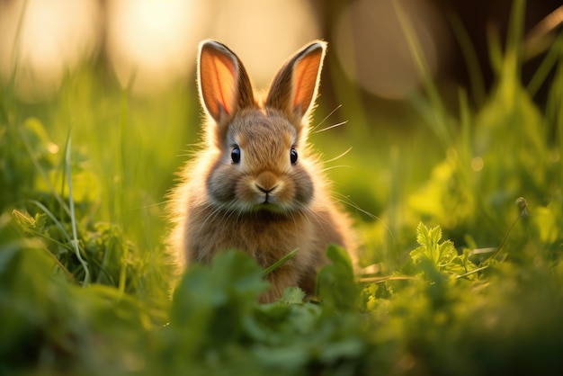 초록 잔디 에 있는 애완용 토끼