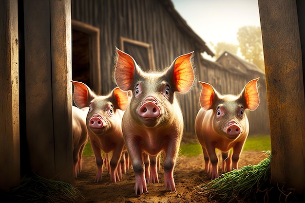 Domestic pigs walking near large wooden shed at pig farm