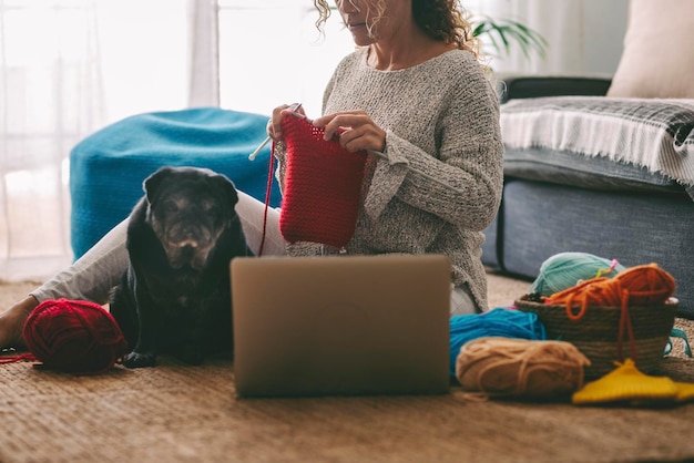 Domestic real life scene with woman in indoor leisure activity doing knit work hobby looking a tutorial on line on the laptop and adorable best friend dog sitting near her Concept online hobby class