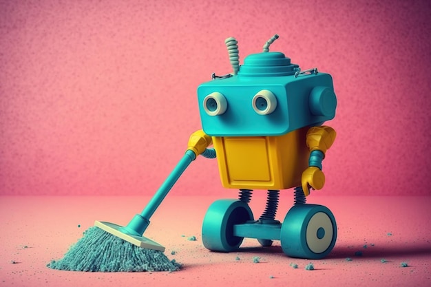 Domestic robot janitor cleaning service cyborg toy mopping with vacuum cleaner machine yellow mop bucket of suds water Blue floor pink Vintage textured paper background copy space