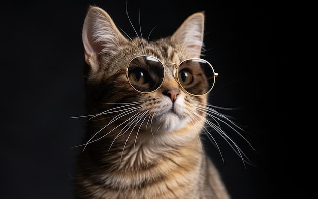 プロフェッショナルな背景でサングラスを身に着けた家畜のショートヘア猫