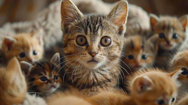 Domestic shorthaired cat surrounded by kittens looking at the camera