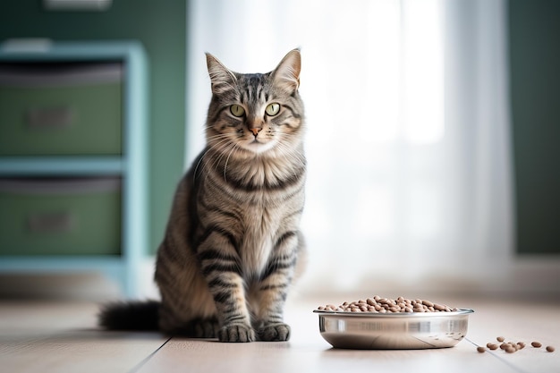 食料の鉢の隣にある家用のストライプキャット