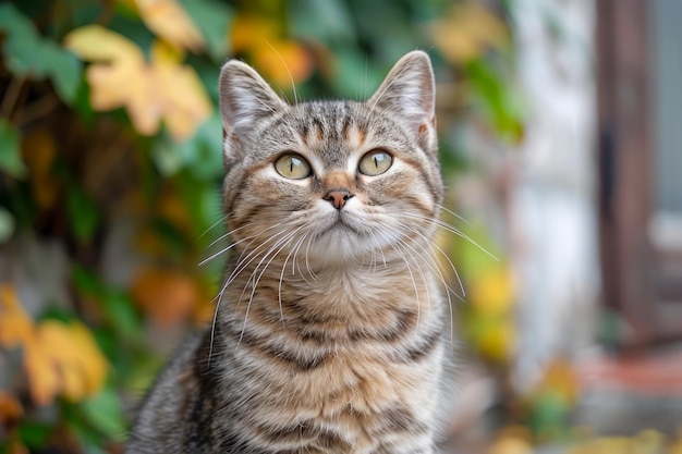 秋の葉に囲まれて屋外でポーズをとっている緑の目を持つ家畜のタビー猫