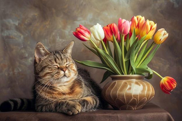 Domestic tabby cat with tulips AI generated