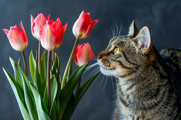 Domestic tabby cat with tulips AI generated