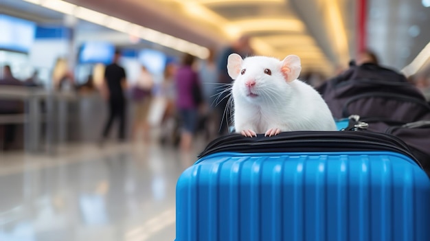 Domestic white rat at the airport Traveling with a pet High quality photo