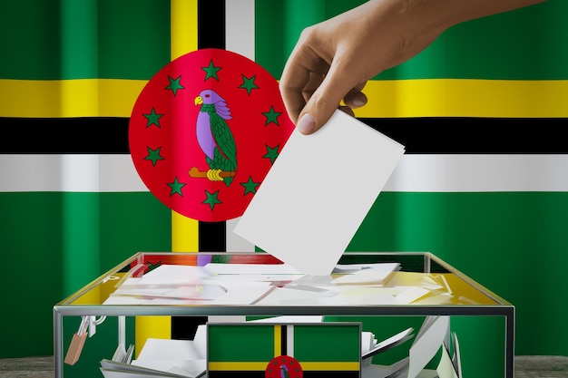 Фото Флаг доминики опускает бюллетень для голосования в коробку для голосования по концепции выборов