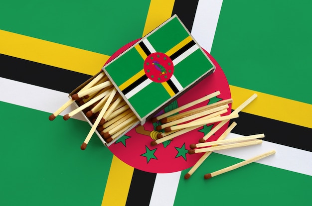 Photo dominica flag  is shown on an open matchbox, from which several matches fall and lies on a large flag