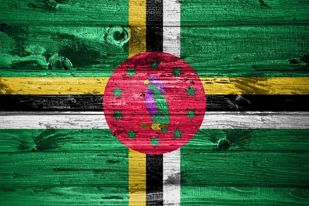 Dominica flag on wooden planks background wood flag