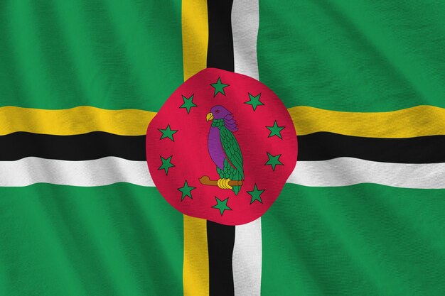 Dominica-vlag met grote vouwen die van dichtbij onder het studiolicht binnen zwaaien De officiële symbolen en kleuren in banner