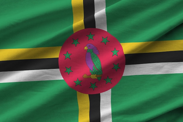 Dominica-vlag met grote vouwen die van dichtbij onder het studiolicht binnen zwaaien De officiële symbolen en kleuren in banner