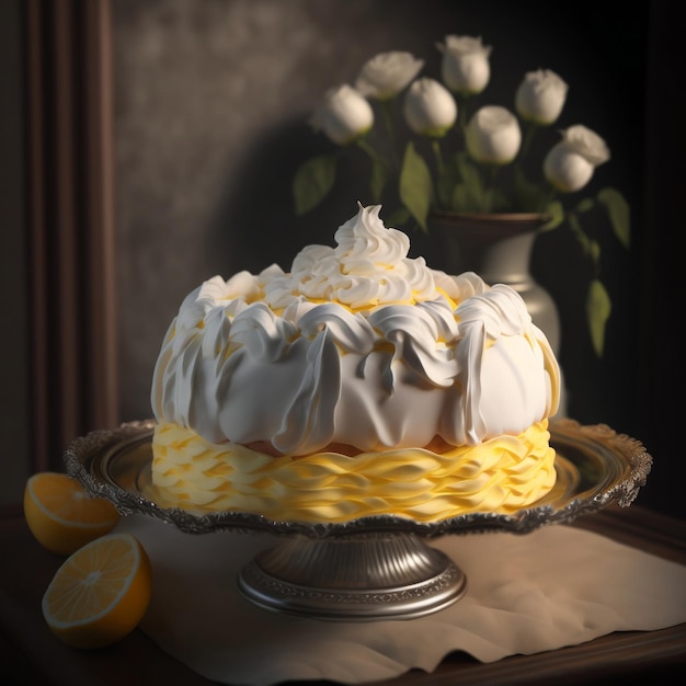 Dominicaanse cake met gele vulling en witte meringue frosting